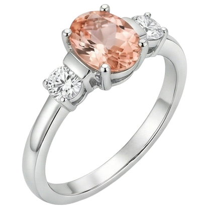 Morganite And Natural Earth Mined Diamonds 9 Carats 3 Stone Wedding Ring White Gold 14K