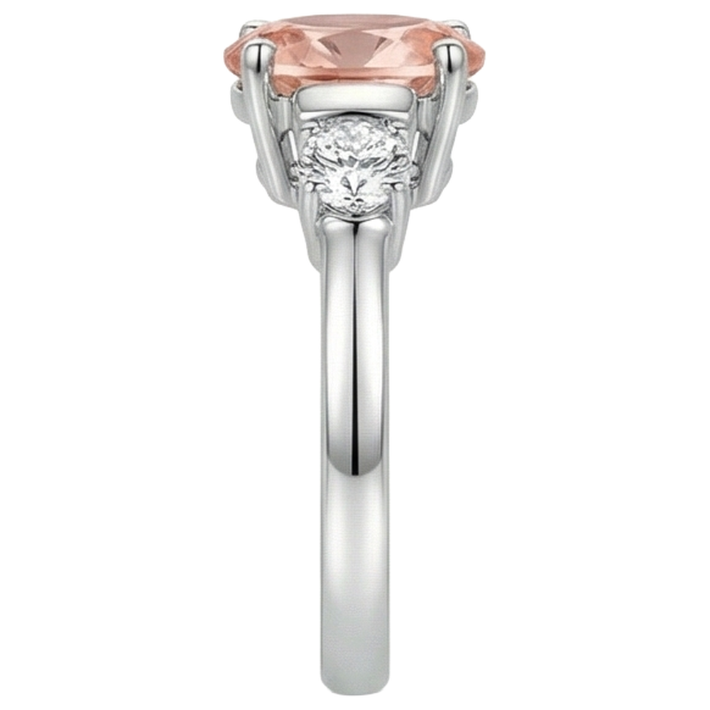 Morganite And Natural Earth Mined Diamonds 9 Carats 3 Stone Wedding Ring White Gold 14K