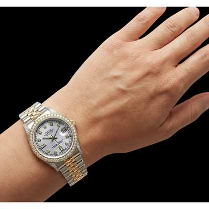 Mother Of Pearl Dial Rolex Dj Watch Custom Diamond Bezel Ss & Gold