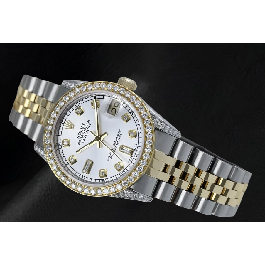 Mother Of Pearl Dial Rolex Dj Watch Custom Diamond Bezel Ss & Gold