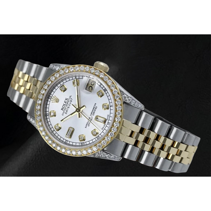 Mother Of Pearl Dial Rolex Dj Watch Custom Diamond Bezel Ss & Gold