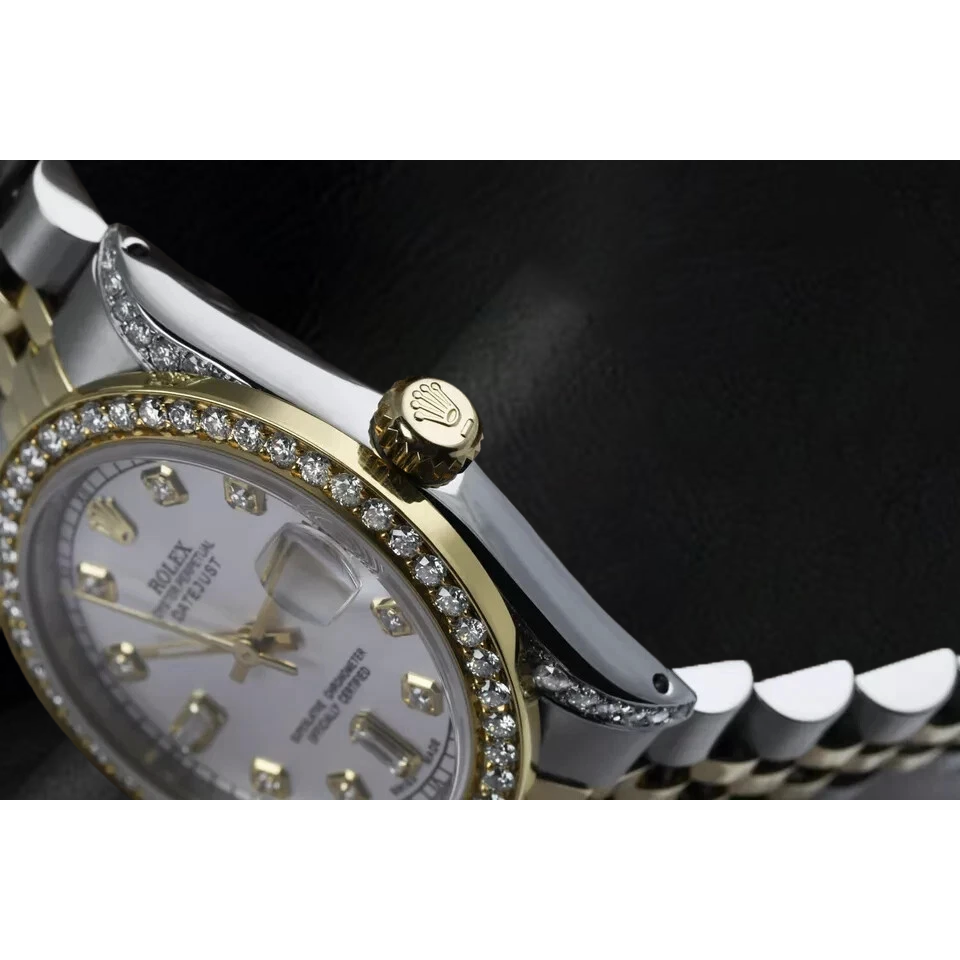 Mother Of Pearl Dial Rolex Dj Watch Custom Diamond Bezel Ss & Gold