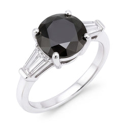 Natural Black Diamond Ring 3.6 Carat Genuine Round Baguette Three Stone 14K White Gold