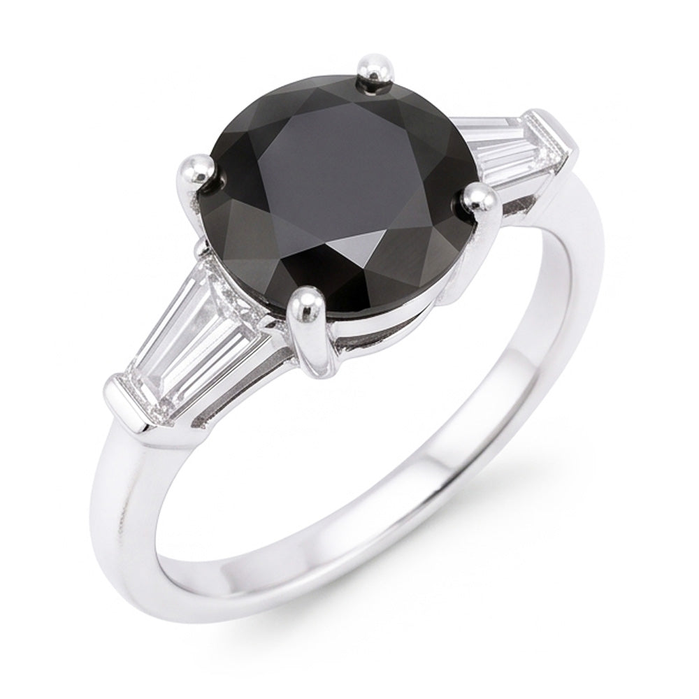 Natural Black Diamond Ring 3.6 Carat Genuine Round Baguette Three Stone 14K White Gold