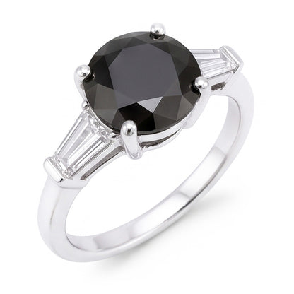 Natural Black Diamond Ring 3.6 Carat Genuine Round Baguette Three Stone 14K White Gold