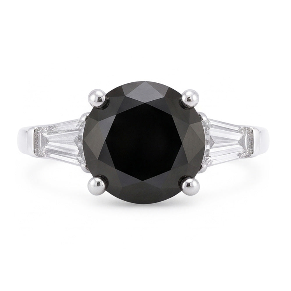 Natural Black Diamond Ring 3.6 Carat Genuine Round Baguette Three Stone 14K White Gold