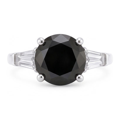 Natural Black Diamond Ring 3.6 Carat Genuine Round Baguette Three Stone 14K White Gold