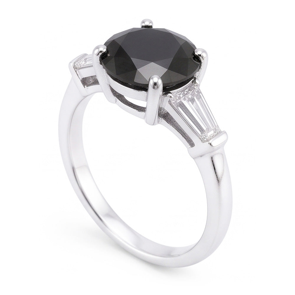 Natural Black Diamond Ring 3.6 Carat Genuine Round Baguette Three Stone 14K White Gold