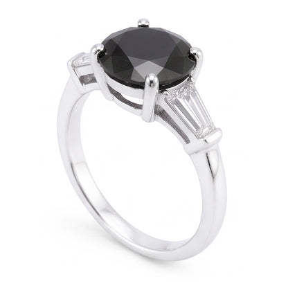 Natural Black Diamond Ring 3.6 Carat Genuine Round Baguette Three Stone 14K White Gold