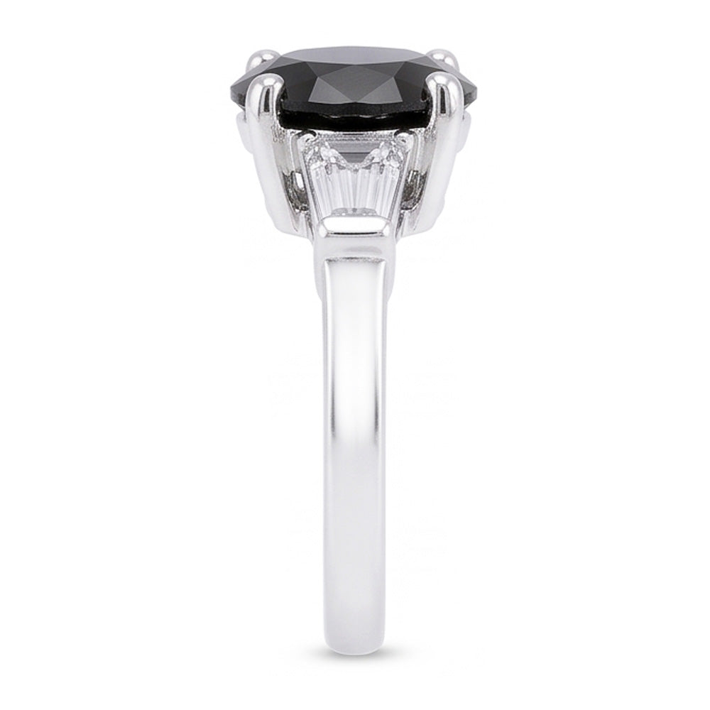 Natural Black Diamond Ring 3.6 Carat Genuine Round Baguette Three Stone 14K White Gold