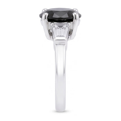 Natural Black Diamond Ring 3.6 Carat Genuine Round Baguette Three Stone 14K White Gold