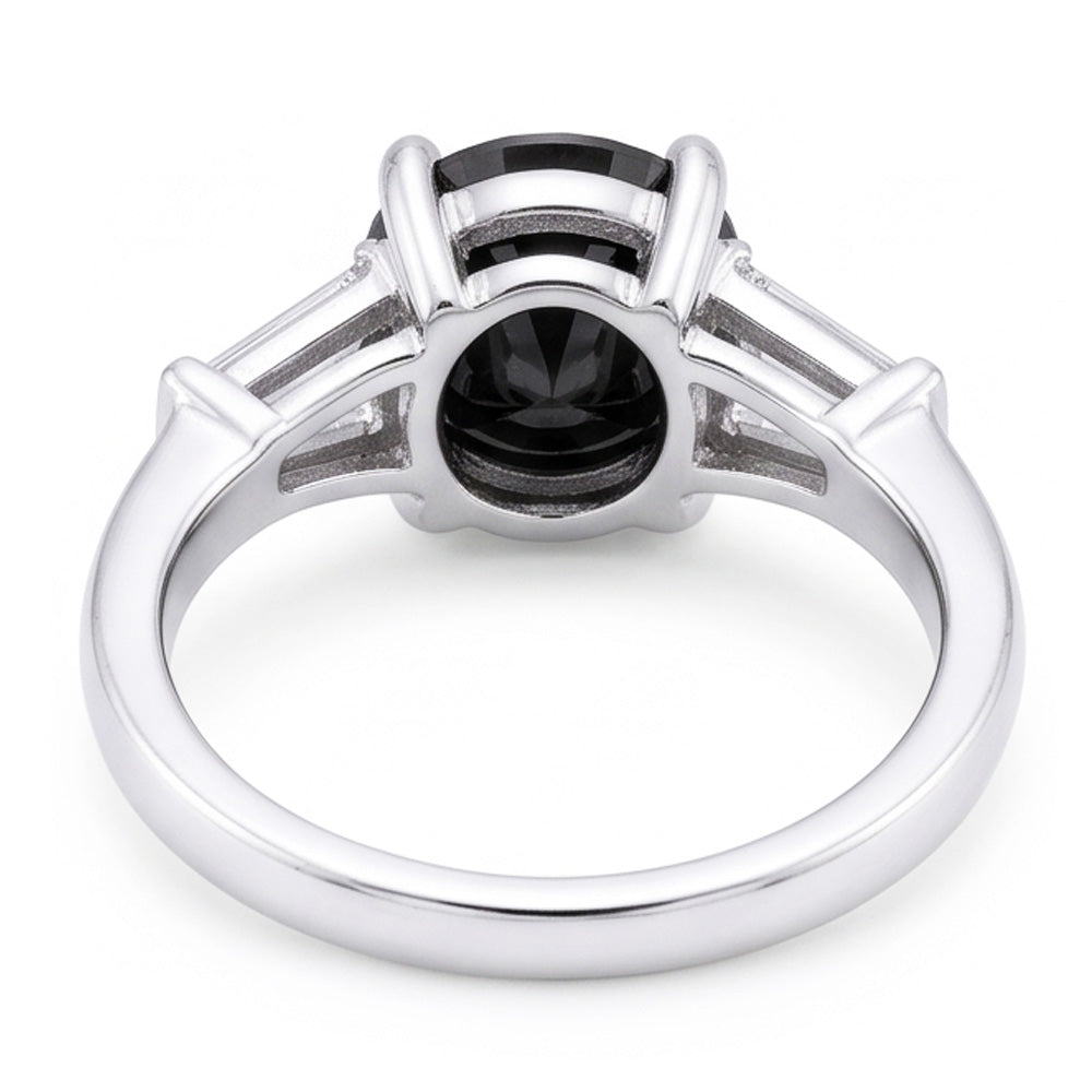 Natural Black Diamond Ring 3.6 Carat Genuine Round Baguette Three Stone 14K White Gold