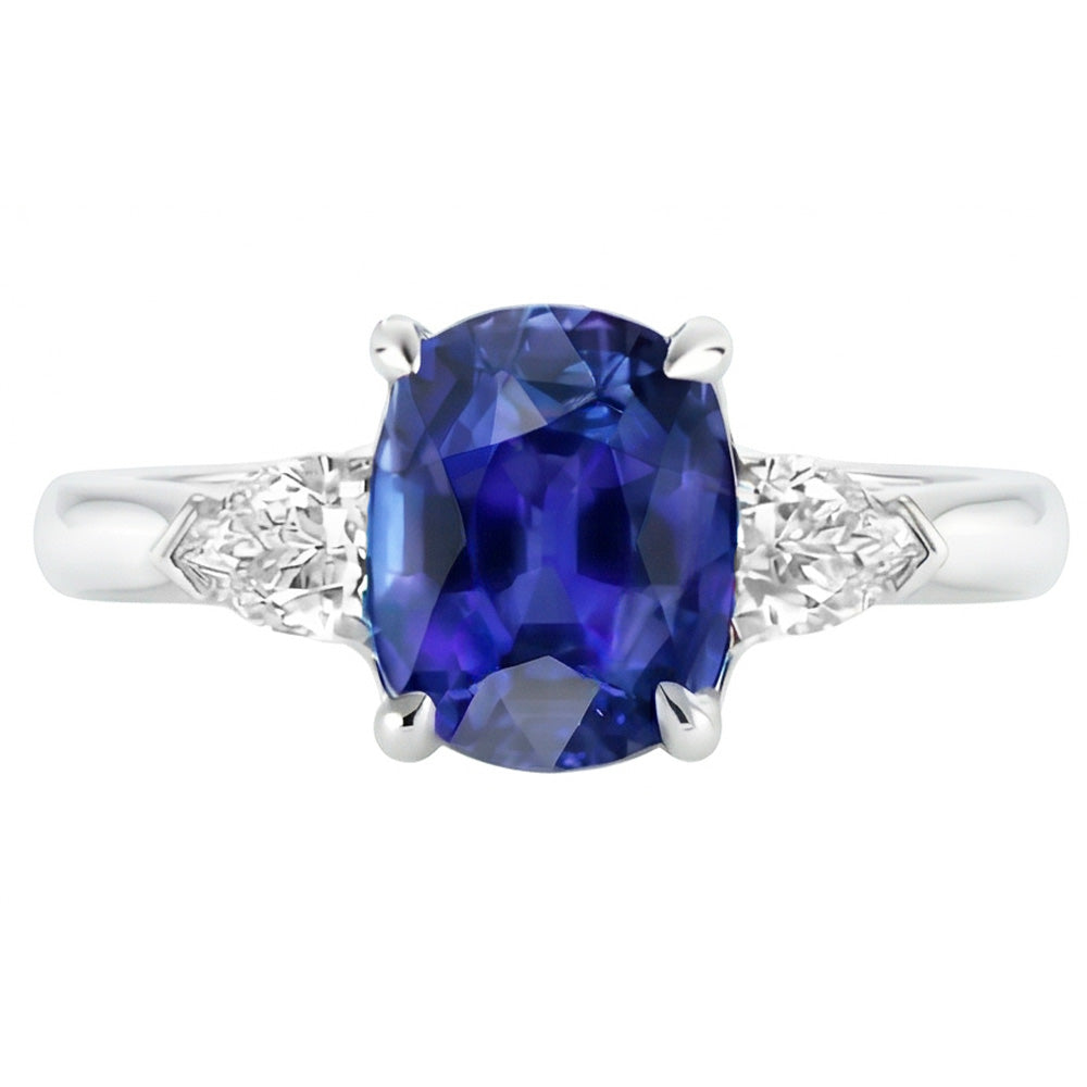 Natural Earth Mined Diamond 3 Stone Pear & Oval Blue Sapphire Ring 3 Carats Ladies Jewelry
