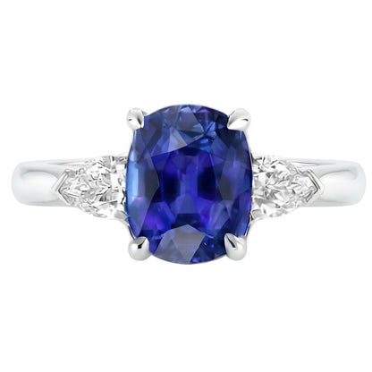 Natural Earth Mined Diamond 3 Stone Pear & Oval Blue Sapphire Ring 3 Carats Ladies Jewelry