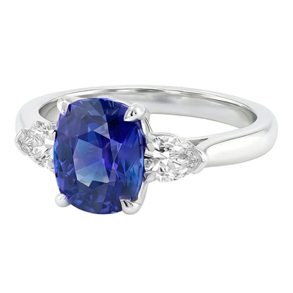 Natural Earth Mined Diamond 3 Stone Pear & Oval Blue Sapphire Ring 3 Carats Ladies Jewelry