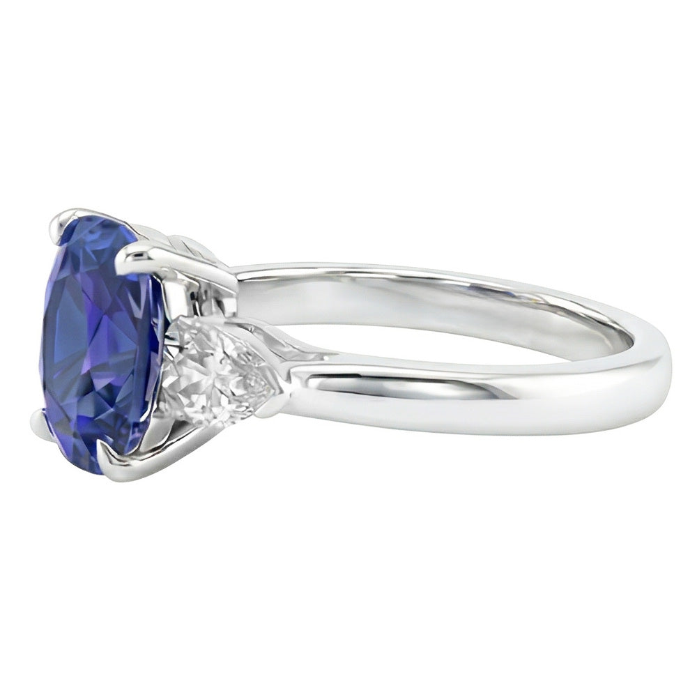 Natural Earth Mined Diamond 3 Stone Pear & Oval Blue Sapphire Ring 3 Carats Ladies Jewelry