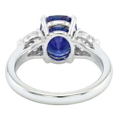 Natural Earth Mined Diamond 3 Stone Pear & Oval Blue Sapphire Ring 3 Carats Ladies Jewelry