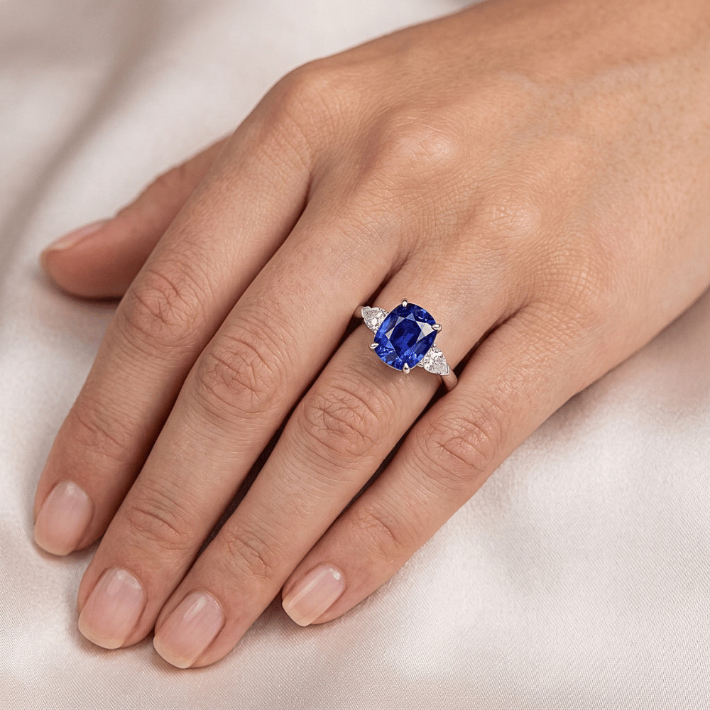 Natural Earth Mined Diamond 3 Stone Pear & Oval Blue Sapphire Ring 3 Carats Ladies Jewelry