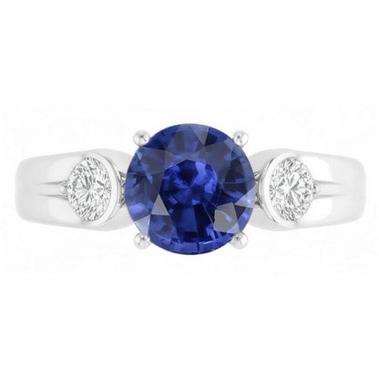 Natural Earth Mined Diamond 3 Stone Ring Sri Lankan Sapphire Round Cut 2.50 Carats