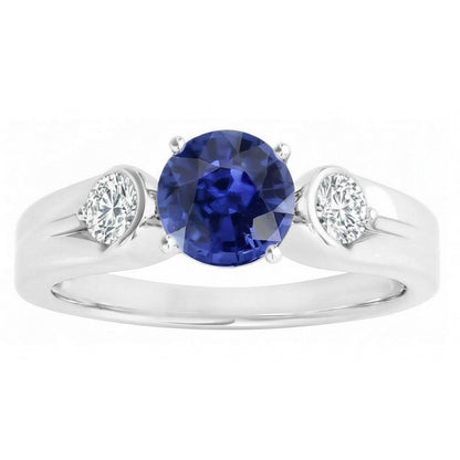 Natural Earth Mined Diamond 3 Stone Ring Sri Lankan Sapphire Round Cut 2.50 Carats