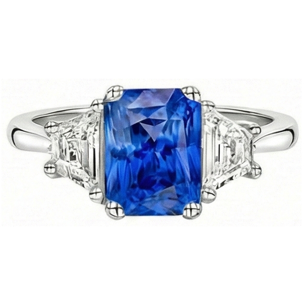 Natural Earth Mined Diamond 3 Stone Sapphire Ring Trapezoid Stones Tapered Shank 3 Carats