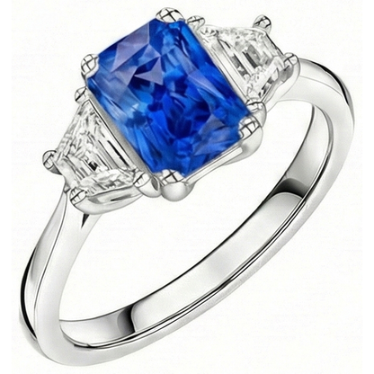 Natural Earth Mined Diamond 3 Stone Sapphire Ring Trapezoid Stones Tapered Shank 3 Carats
