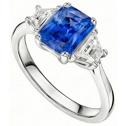 Natural Earth Mined Diamond 3 Stone Sapphire Ring Trapezoid Stones Tapered Shank 3 Carats