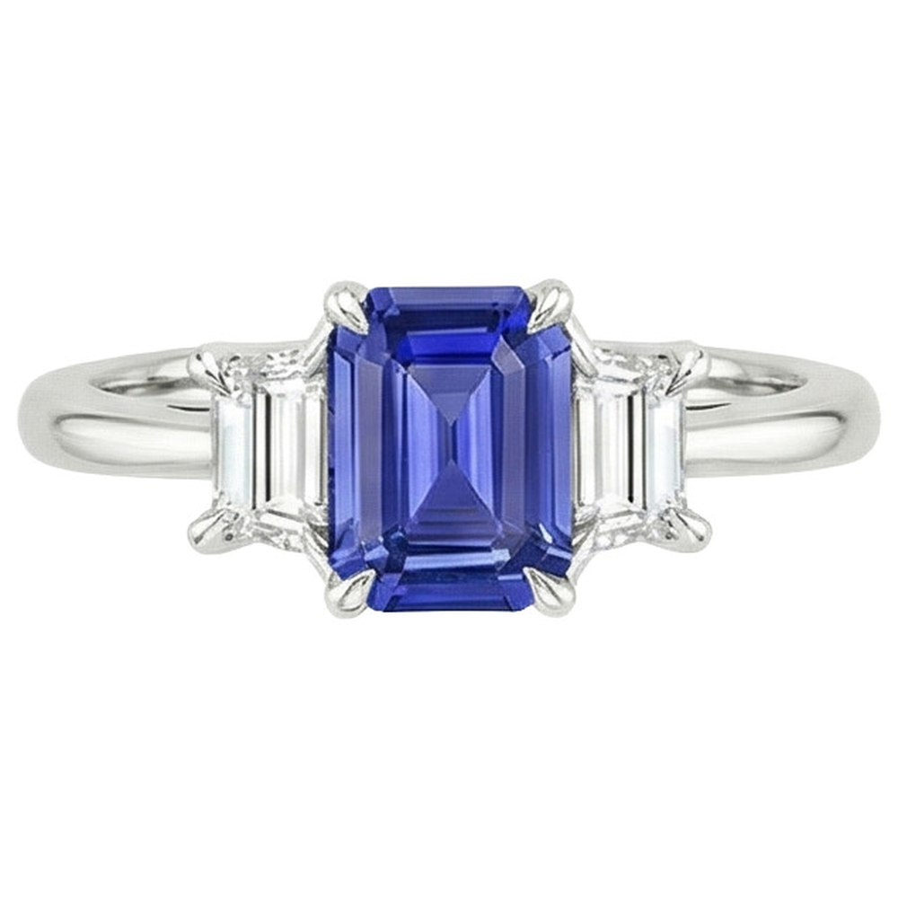 Natural Earth Mined Diamond 3 Stones Ring Emerald Ceylon Sapphire & 3.50 Carats