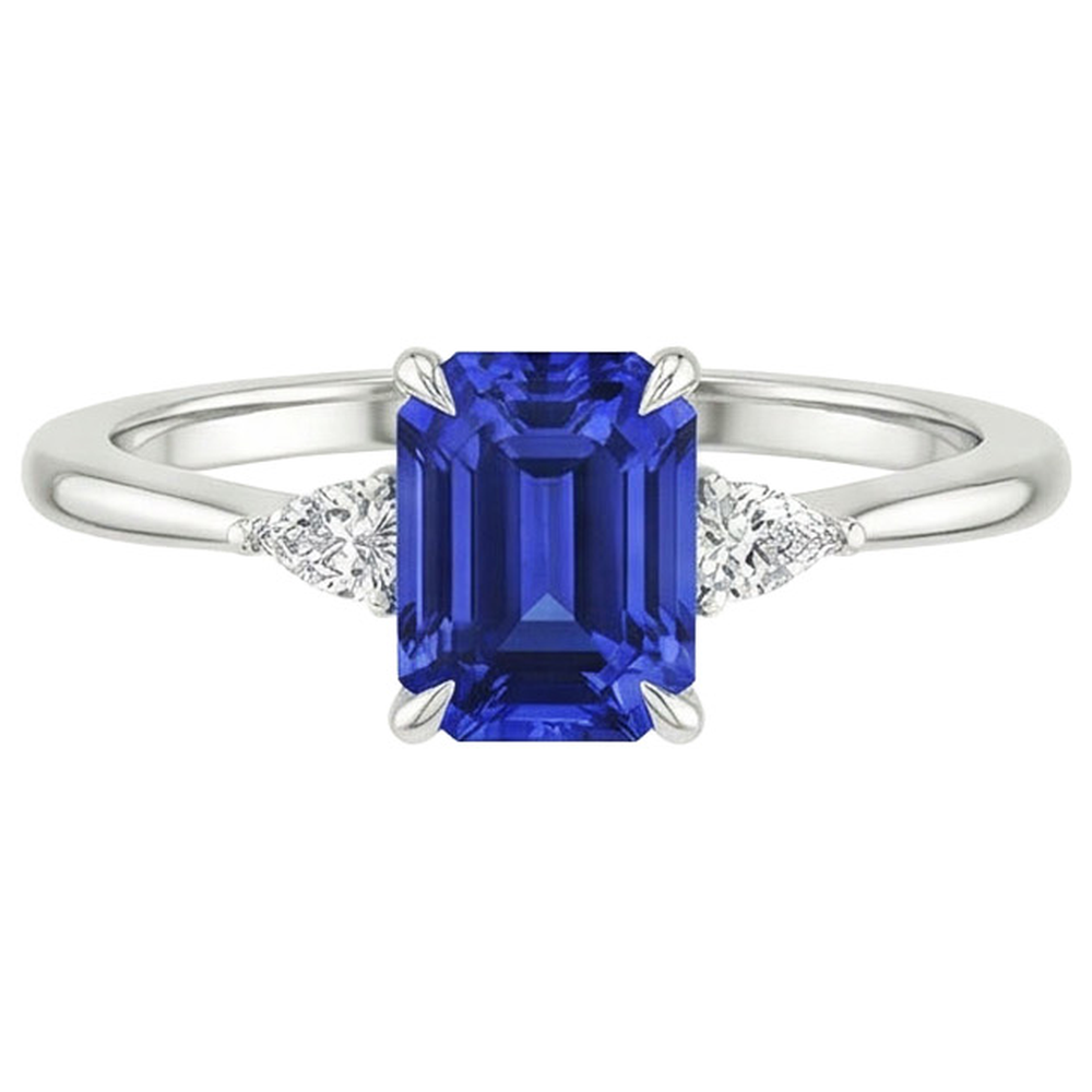Natural Earth Mined Diamond 3 Stones Ring Emerald & Pear Blue Sapphire 3.25 Carats