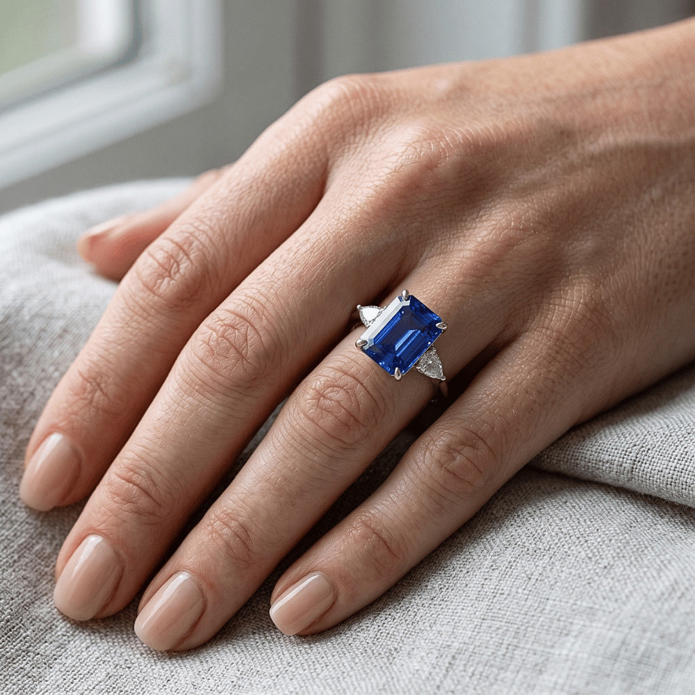 Natural Earth Mined Diamond 3 Stones Ring Emerald & Pear Blue Sapphire 3.25 Carats