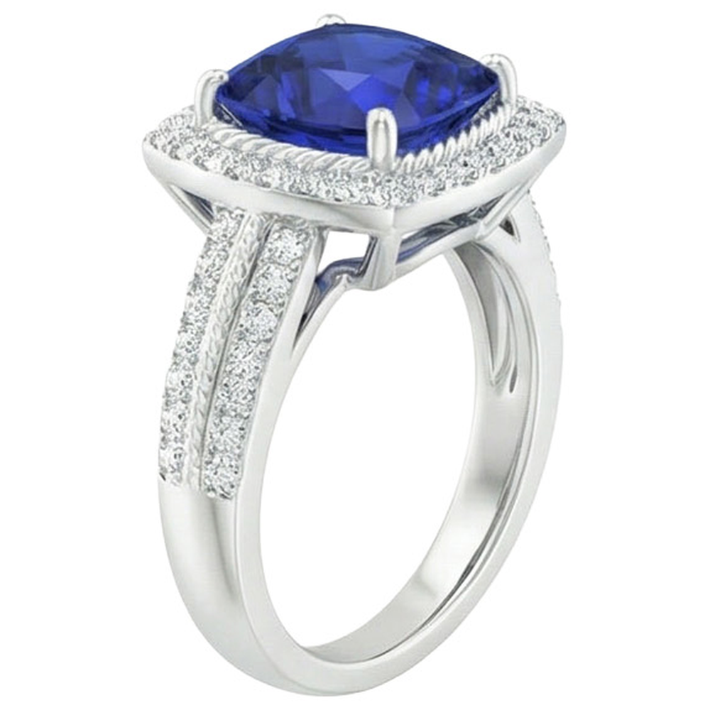 Natural Earth Mined Diamond And Sapphire Halo Engagement Ring 3.70 Carats White Gold 14K