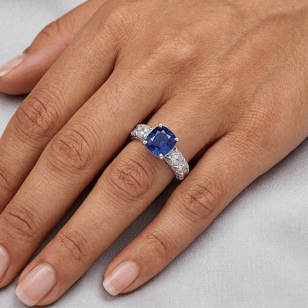 Natural Earth Mined Diamond Anniversary Cushion Ceylon Sapphire Ring 2.50 Carats