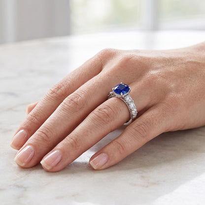 Natural Earth Mined Diamond Anniversary Cushion Ceylon Sapphire Ring 2.50 Carats