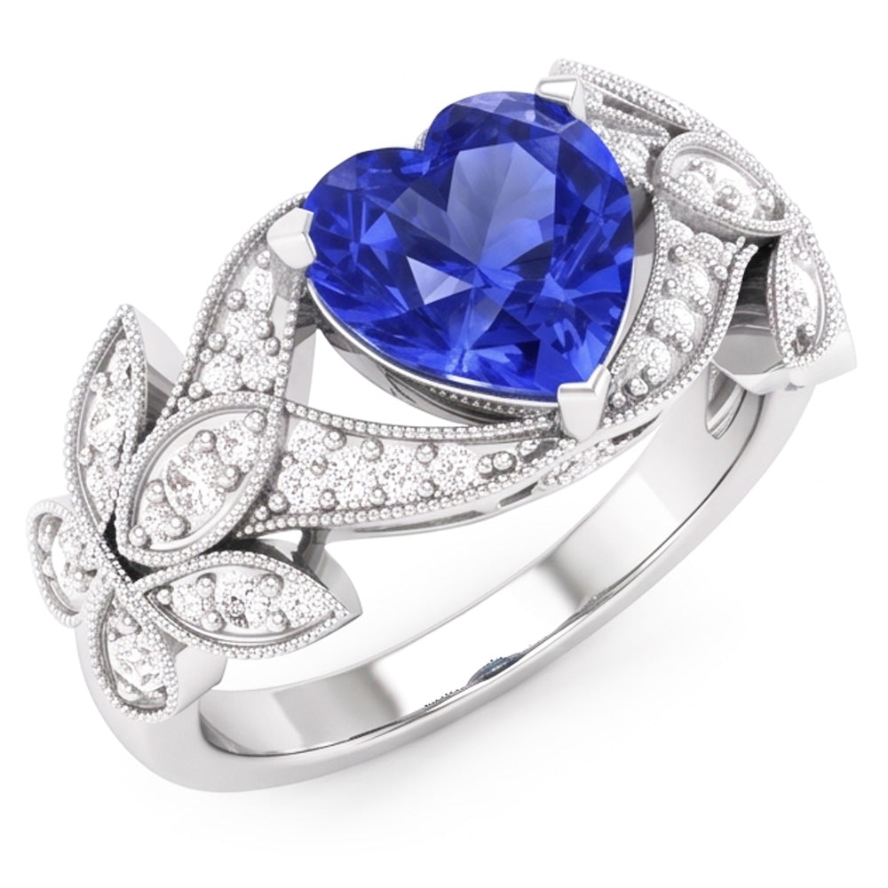 Natural Earth Mined Diamond Anniversary Heart Blue Sapphire Ring Antique Style 2.50 Carats