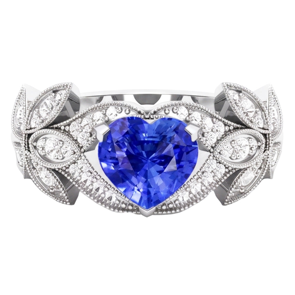 Natural Earth Mined Diamond Anniversary Heart Blue Sapphire Ring Antique Style 2.50 Carats