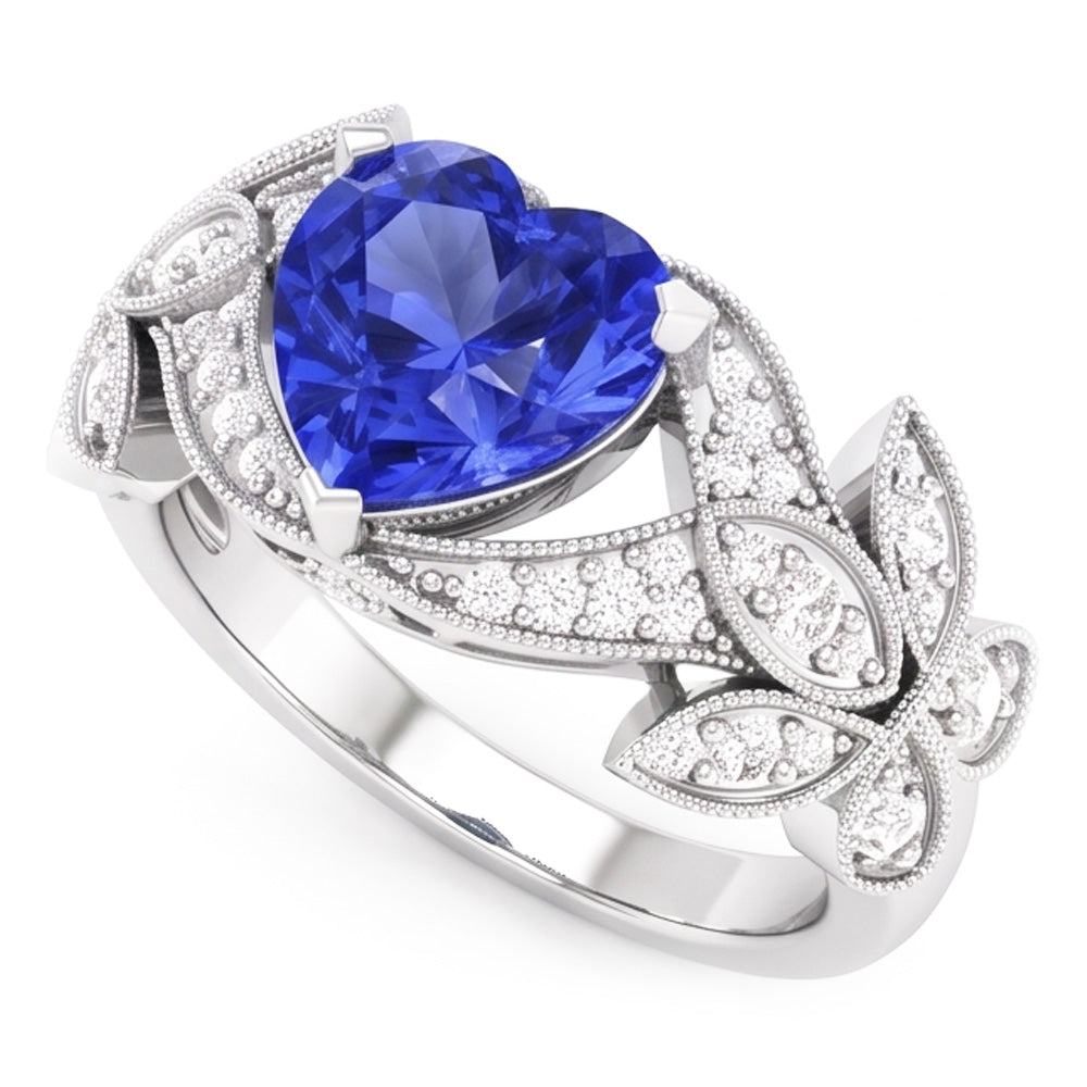 Natural Earth Mined Diamond Anniversary Heart Blue Sapphire Ring Antique Style 2.50 Carats