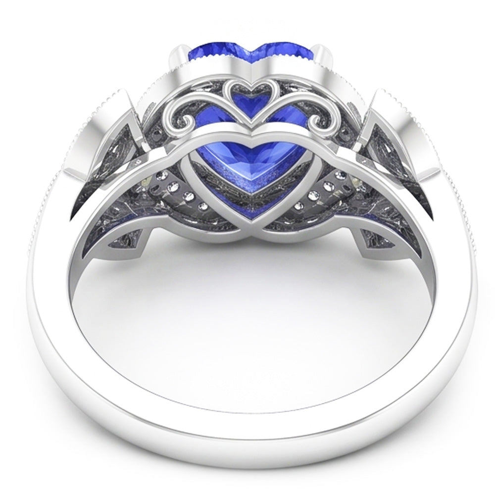 Natural Earth Mined Diamond Anniversary Heart Blue Sapphire Ring Antique Style 2.50 Carats