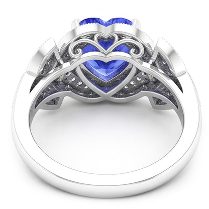 Natural Earth Mined Diamond Anniversary Heart Blue Sapphire Ring Antique Style 2.50 Carats