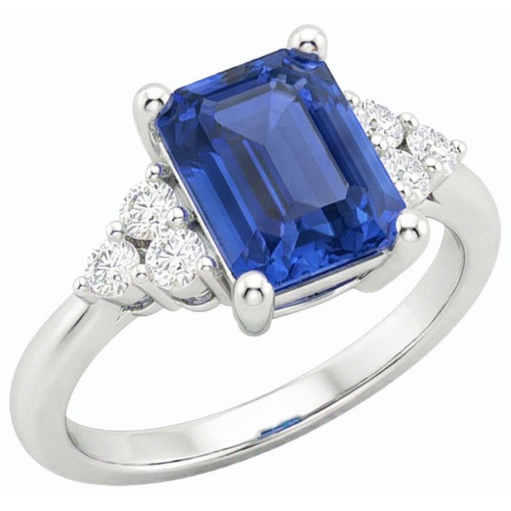 Natural Earth Mined Diamond Anniversary Ring Emerald Shaped Blue Sapphire 3.50 Carats