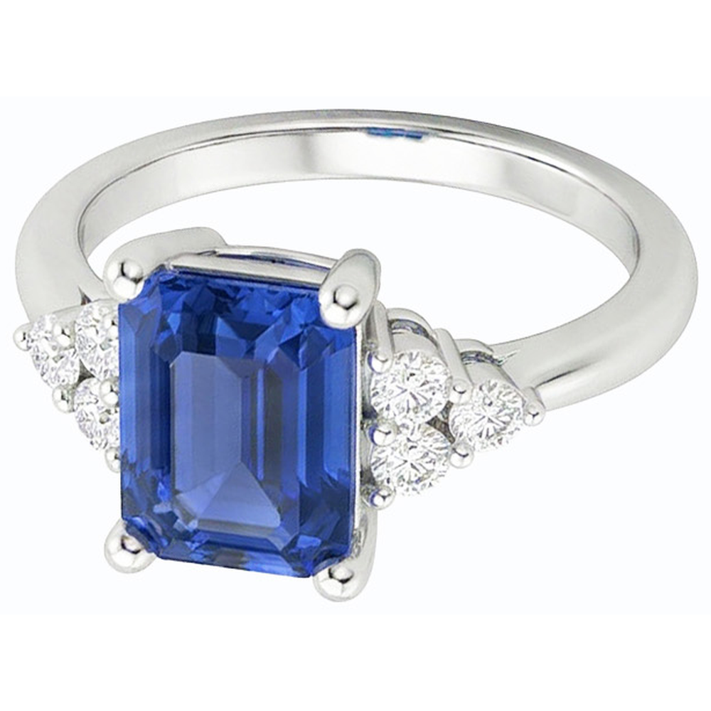 Natural Earth Mined Diamond Anniversary Ring Emerald Shaped Blue Sapphire 3.50 Carats