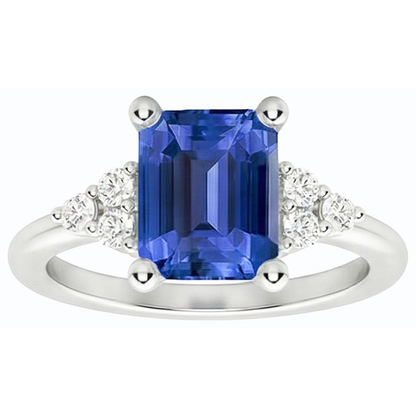 Natural Earth Mined Diamond Anniversary Ring Emerald Shaped Blue Sapphire 3.50 Carats