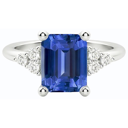 Natural Earth Mined Diamond Anniversary Ring Emerald Shaped Blue Sapphire 3.50 Carats