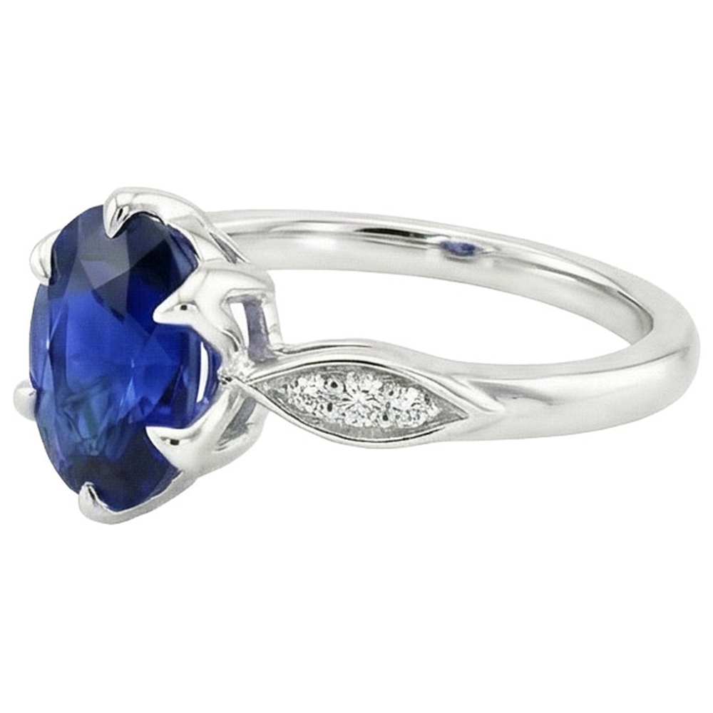 Natural Earth Mined Diamond Anniversary Ring Oval Sri Lankan Sapphire 3.50 Carats Pave Set