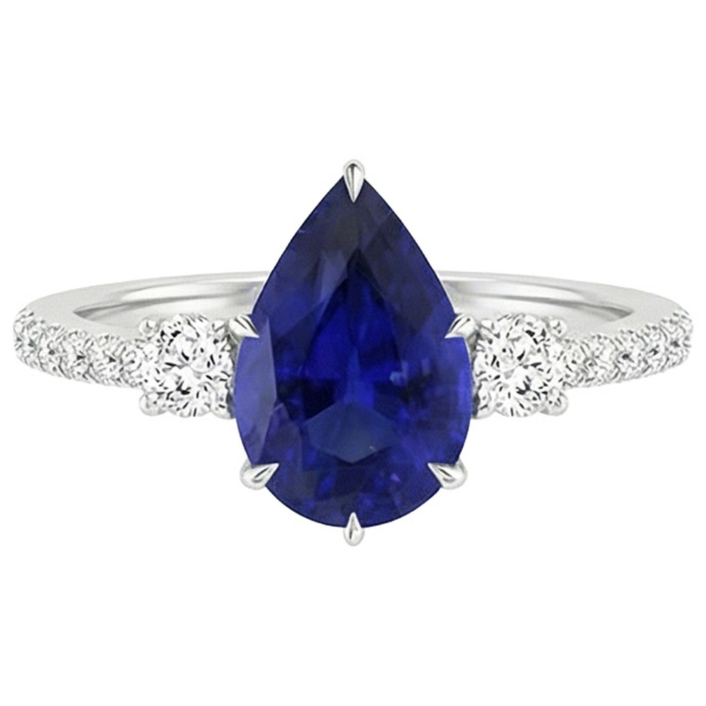 Natural Earth Mined Diamond Anniversary Ring Pear Blue Sapphire 3 Stone Style 5.50 Carats
