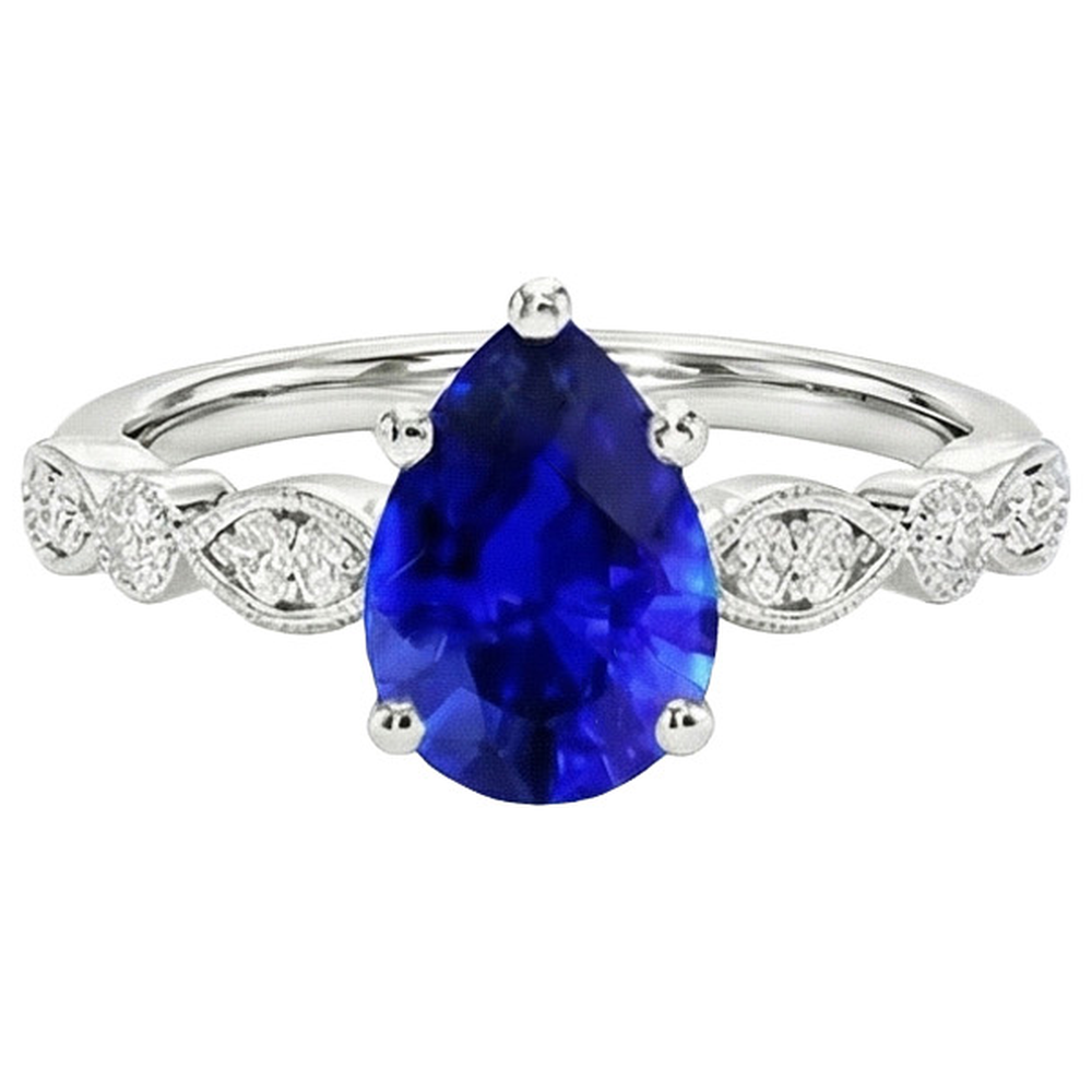 Natural Earth Mined Diamond Anniversary Ring Pear Sri Lankan Sapphire 2.50 Carats