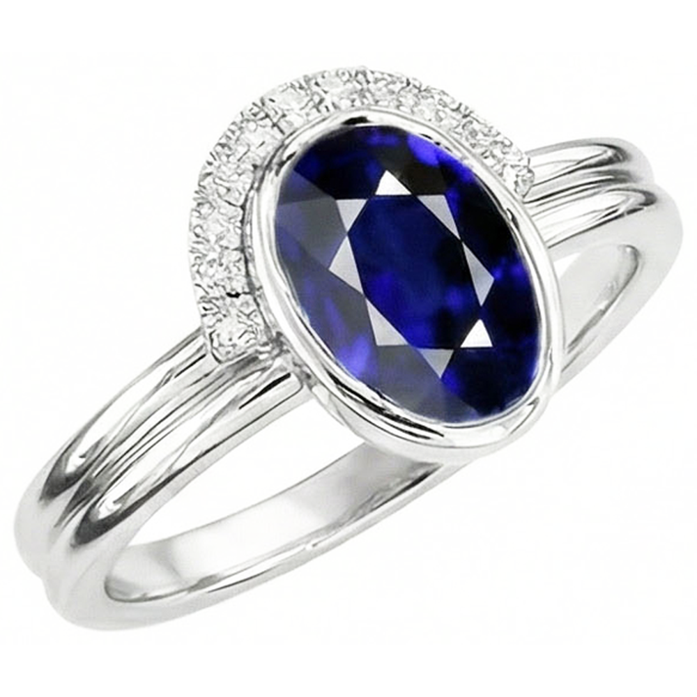 Natural Earth Mined Diamond Band & Oval Blue Sapphire Wedding Ring Set 3 Carats White Gold