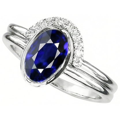 Natural Earth Mined Diamond Band & Oval Blue Sapphire Wedding Ring Set 3 Carats White Gold