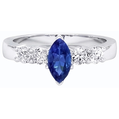 Natural Earth Mined Diamond Blue Sapphire Ring Marquise & Round Jewelry 1.50 Carats