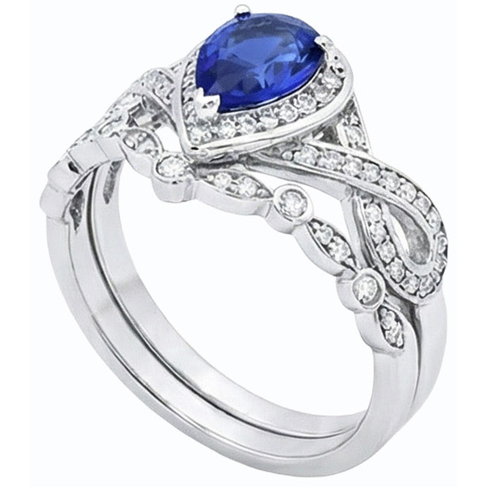 Natural Earth Mined Diamond Ceylon Sapphire Wedding Ring Set Crown Style 3.50 Carats