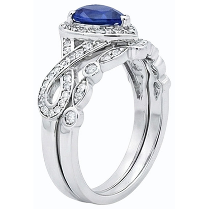 Natural Earth Mined Diamond Ceylon Sapphire Wedding Ring Set Crown Style 3.50 Carats